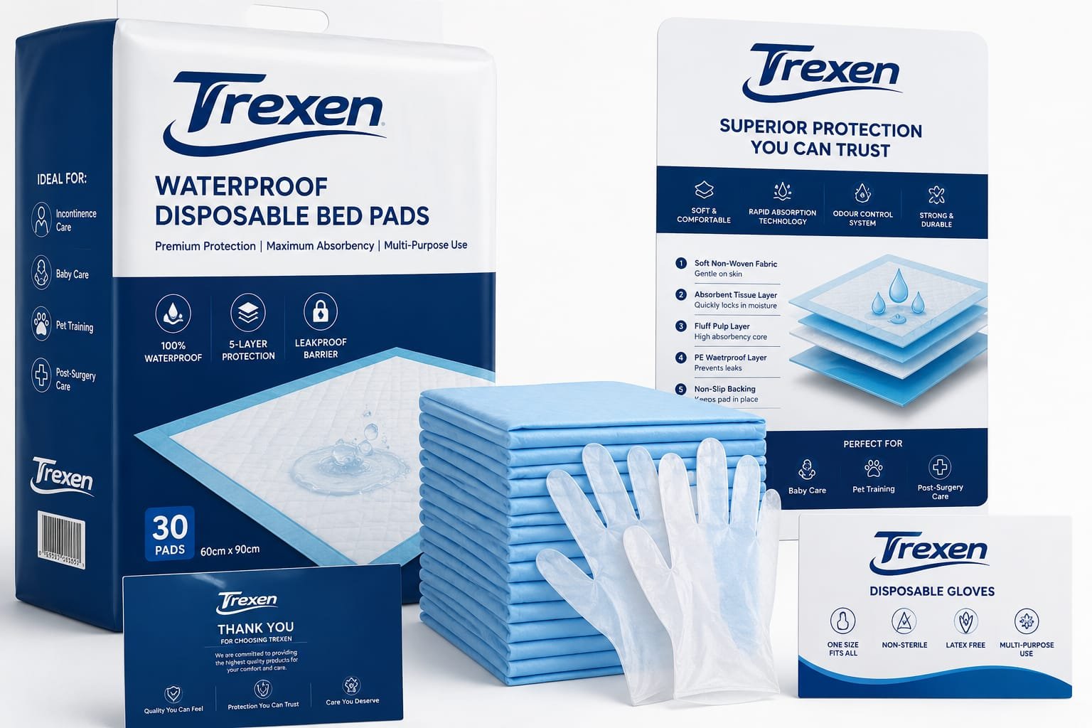 Waterproof Disposable Bed Pads 30 Pack with 2 pairs of Transparent Disposable Gloves, Absorbent Underpads Leakproof Mattress Protectors for Incontinence, Baby Care, Pet Training UK